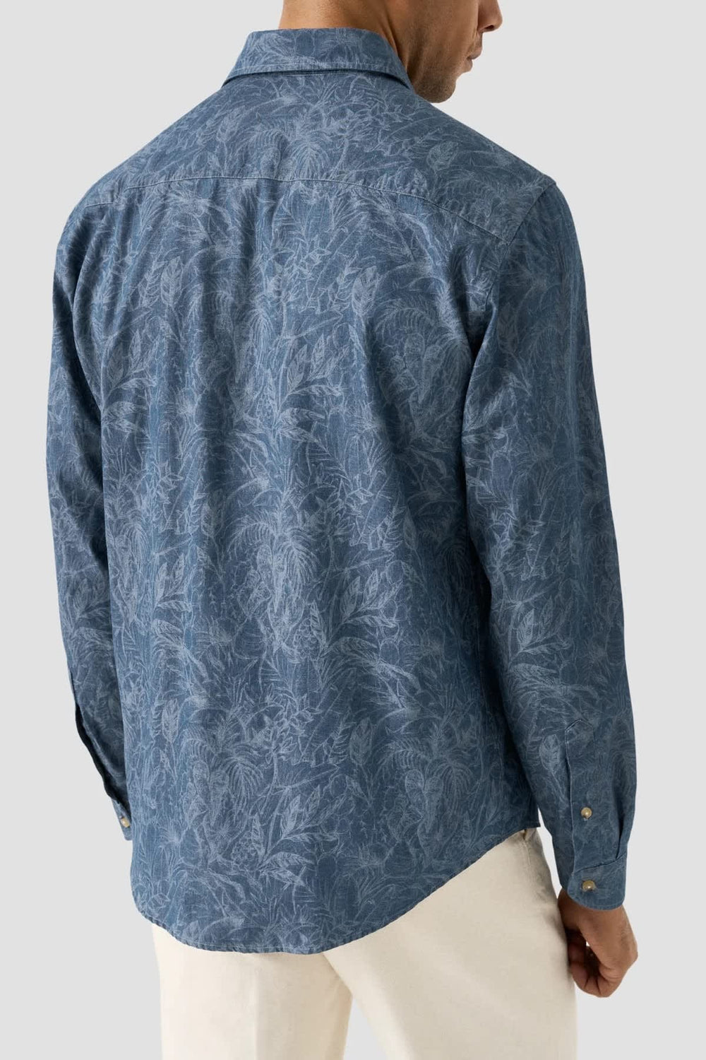 Front view of Eton men's blue floral-print sport shirt with white buttons - Valérie Simon