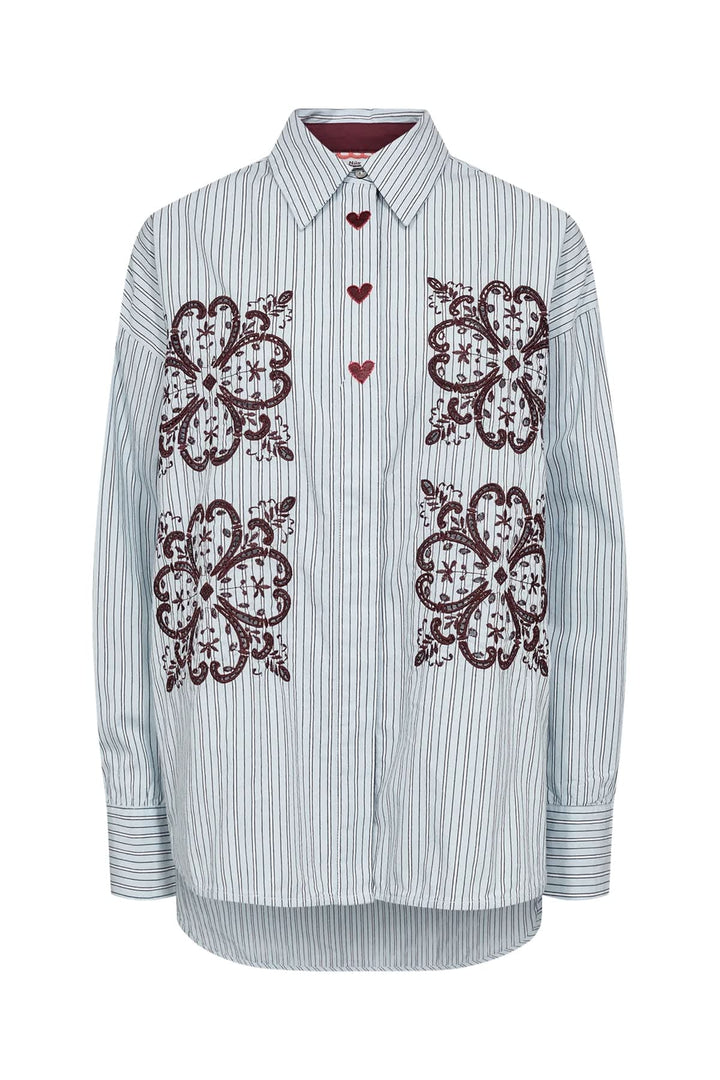 Chemise rayée avec broderies vue de face pour femme Numph
