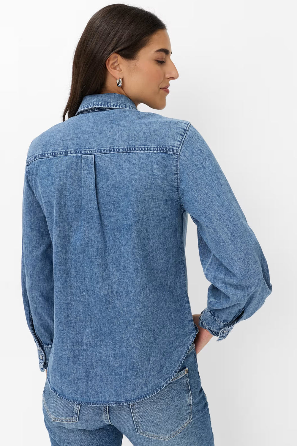 Women's Brax Victoria blue denim blouse with tie-neck collar, front view