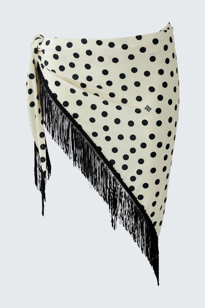 Foulard à pois Oui femme avec franges, angle détail, couleur principale beige - Valérie Simon
