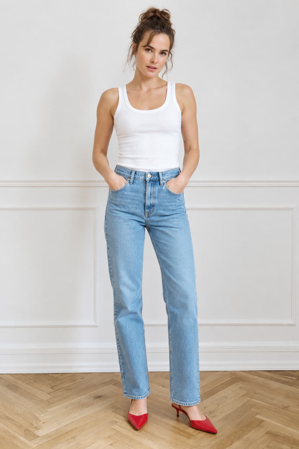 Jean droit à taille haute bleu vue de face pour femme Numph