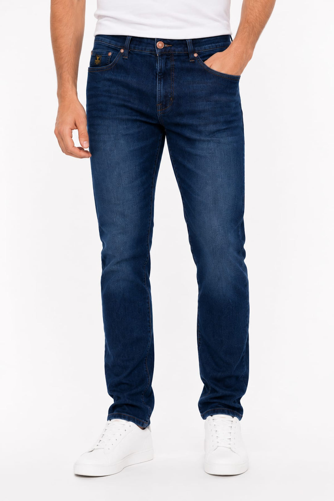 Side view of gray stretch jeans with pocket details by Valérie Simon for men