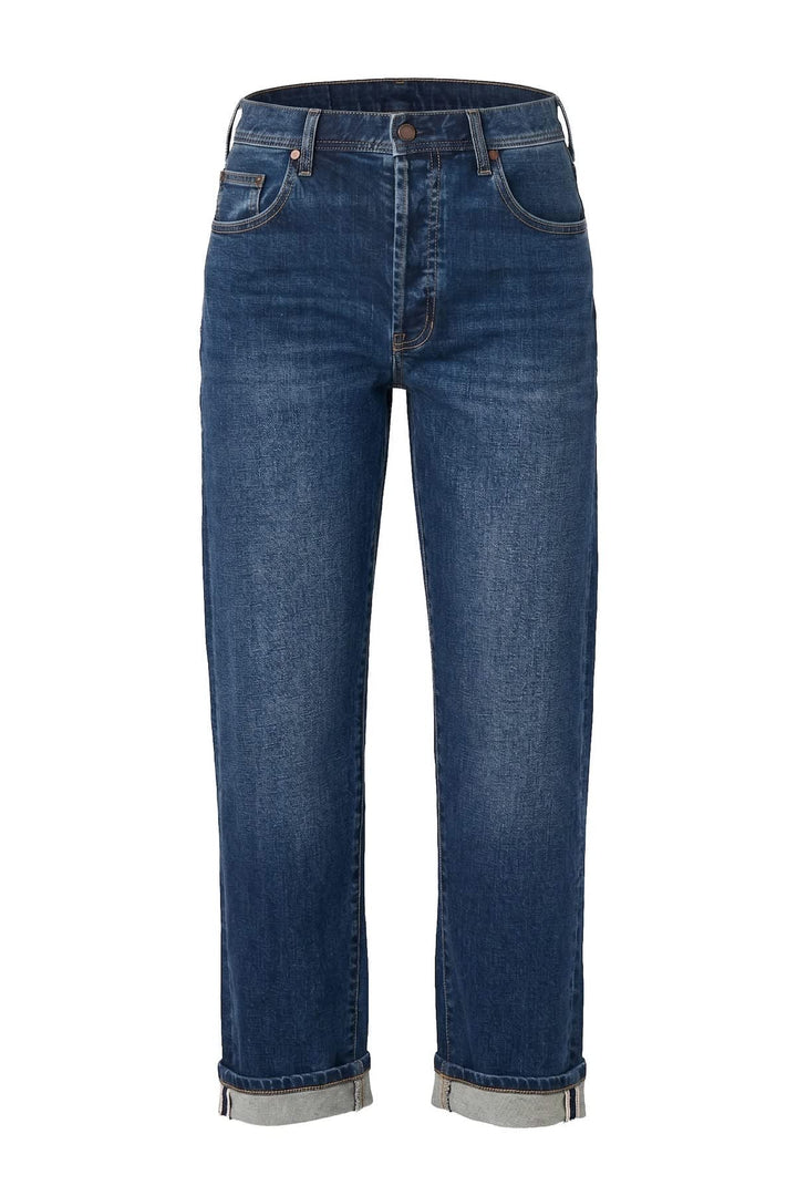 Side view of Sloane straight cuffed Liverpool jeans for women in blue with hems - Valérie Simon