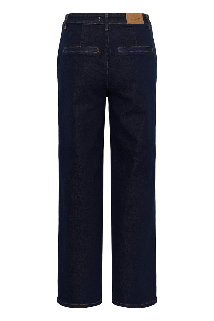 Vue latérale jean droit Cream pour femme en denim bleu avec coutures apparentes - Valérie Simon