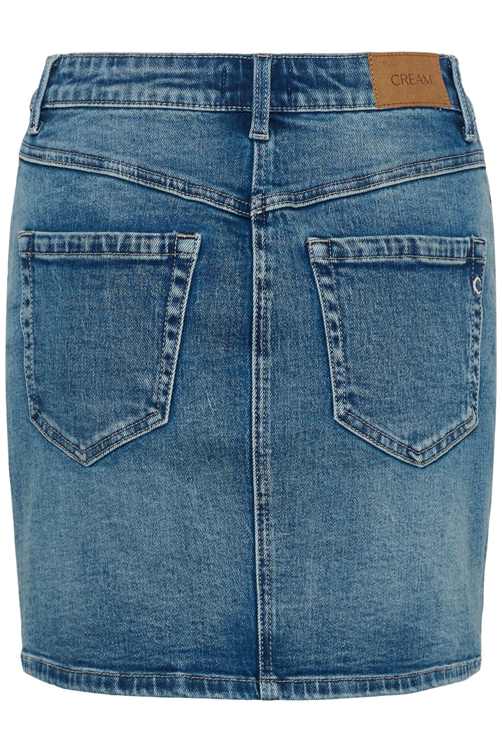Vue de face jupe courte en denim bleu avec coutures apparentes Cream pour femme - Valérie Simon