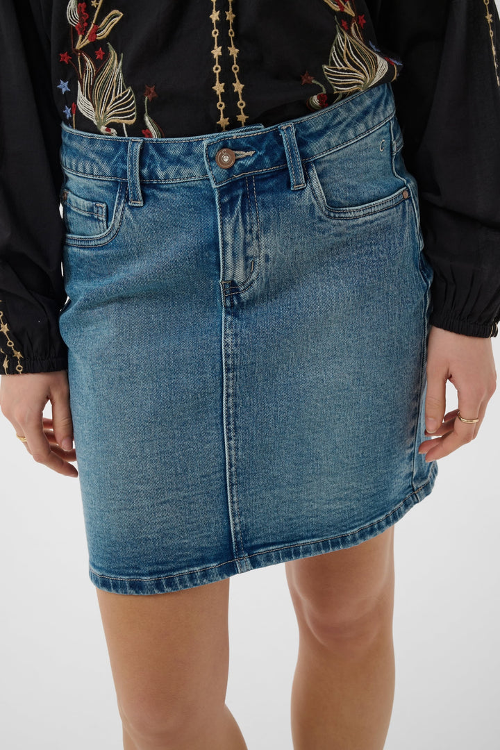 Vue de côté jupe en denim bleu avec boutons Cream - Valérie Simon