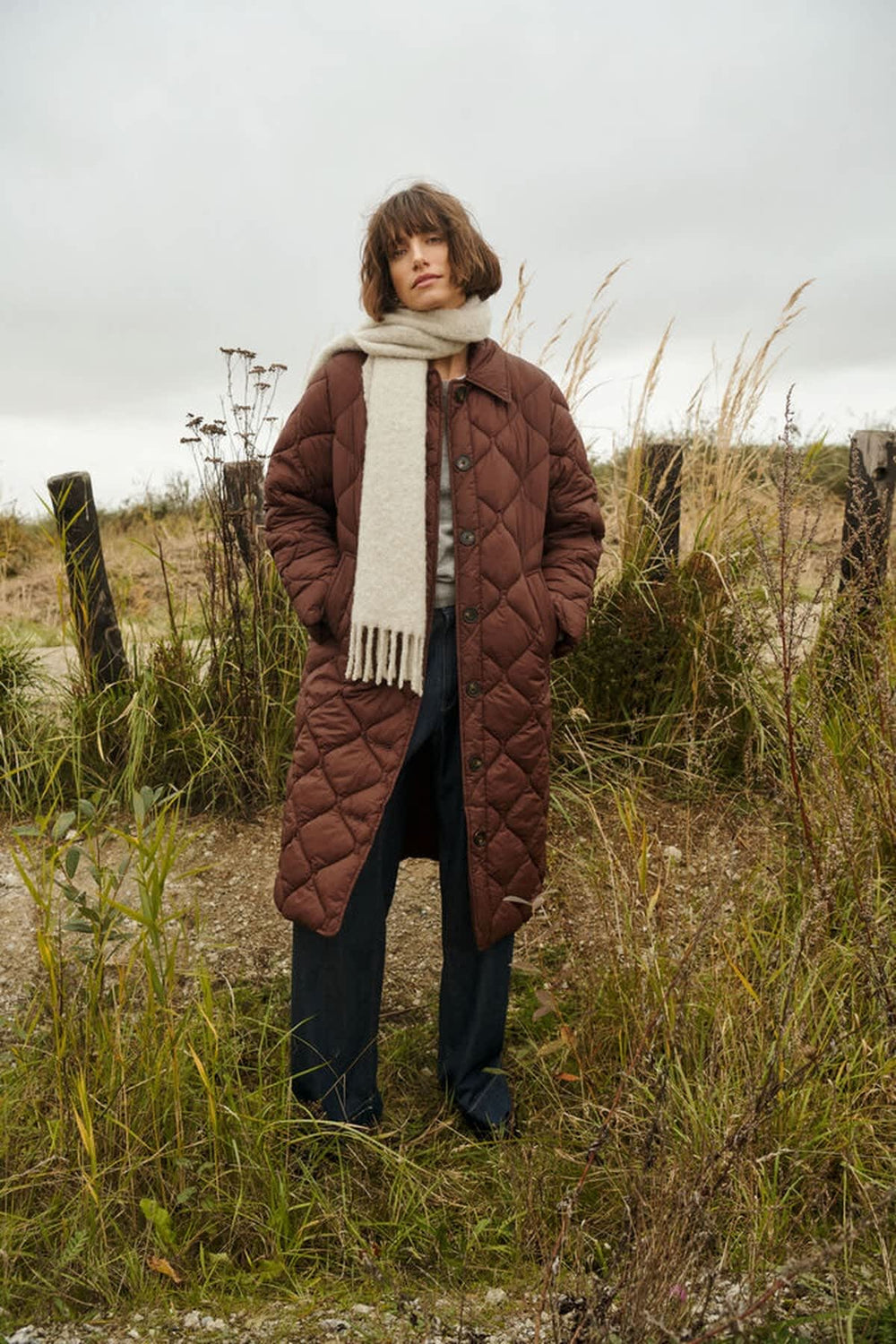 Front view of the Carine quilted coat Part Two for women in beige with a stand collar - Valérie Simon