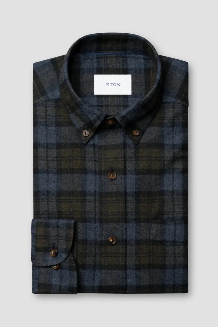 Blue and Olive Plaid Flannel Shirt 
