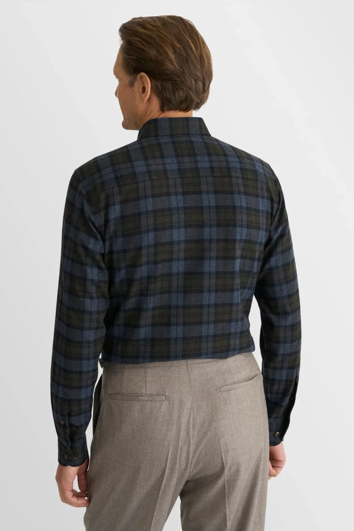 Blue and Olive Plaid Flannel Shirt 