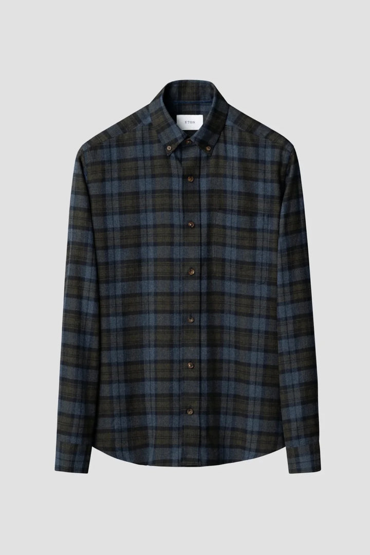 Blue and Olive Plaid Flannel Shirt 