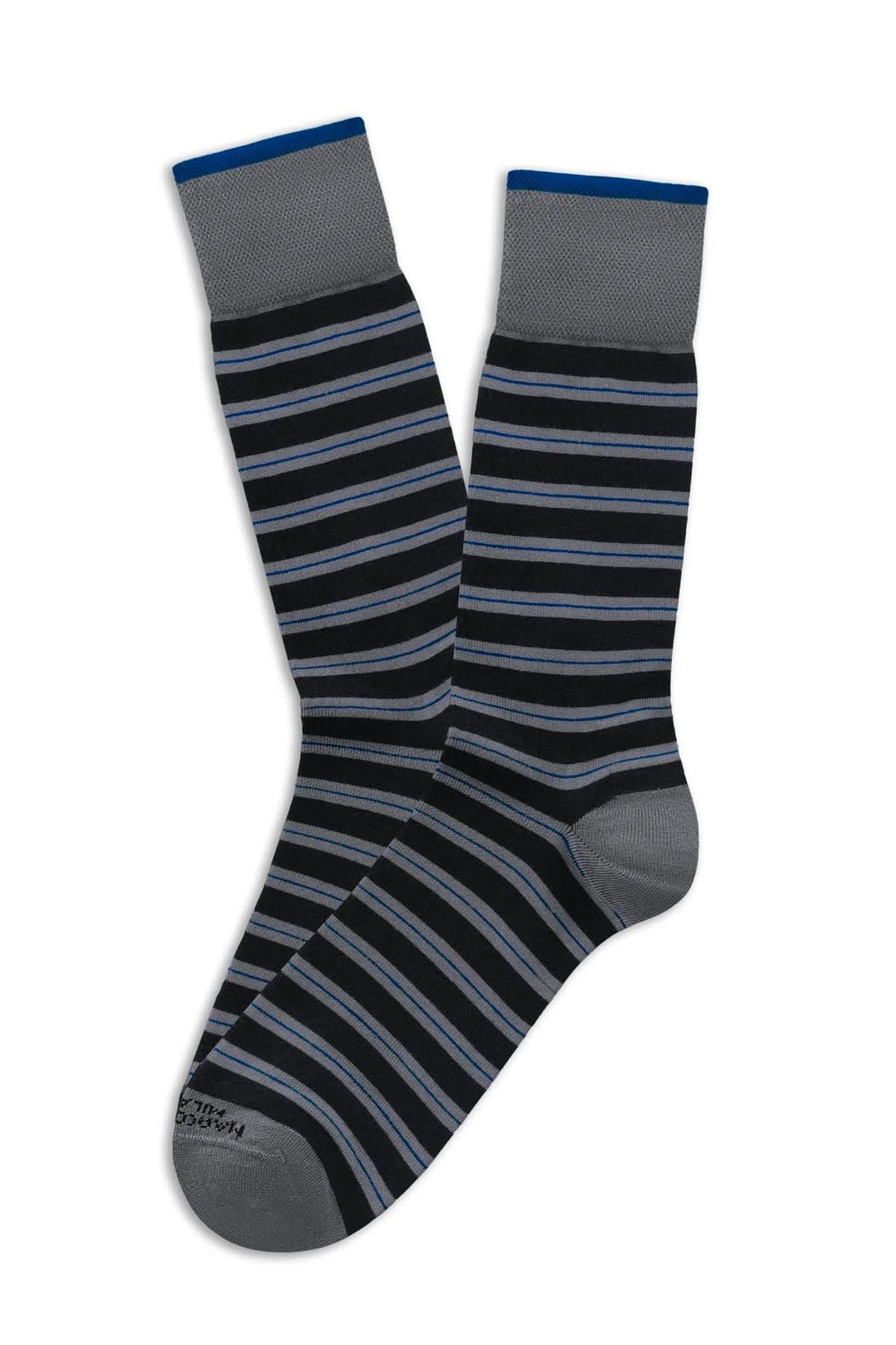 Bas rayures noirs et gris en maille extensible avec motif distinctif pour un style moderne et confortable au quotidien.