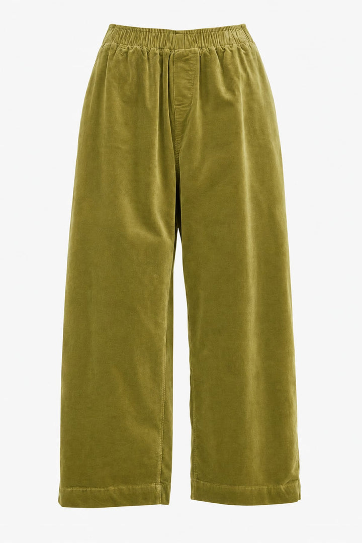 Worn view of women’s JC SOPHIE burgundy corduroy pants with wide leg - Valérie Simon