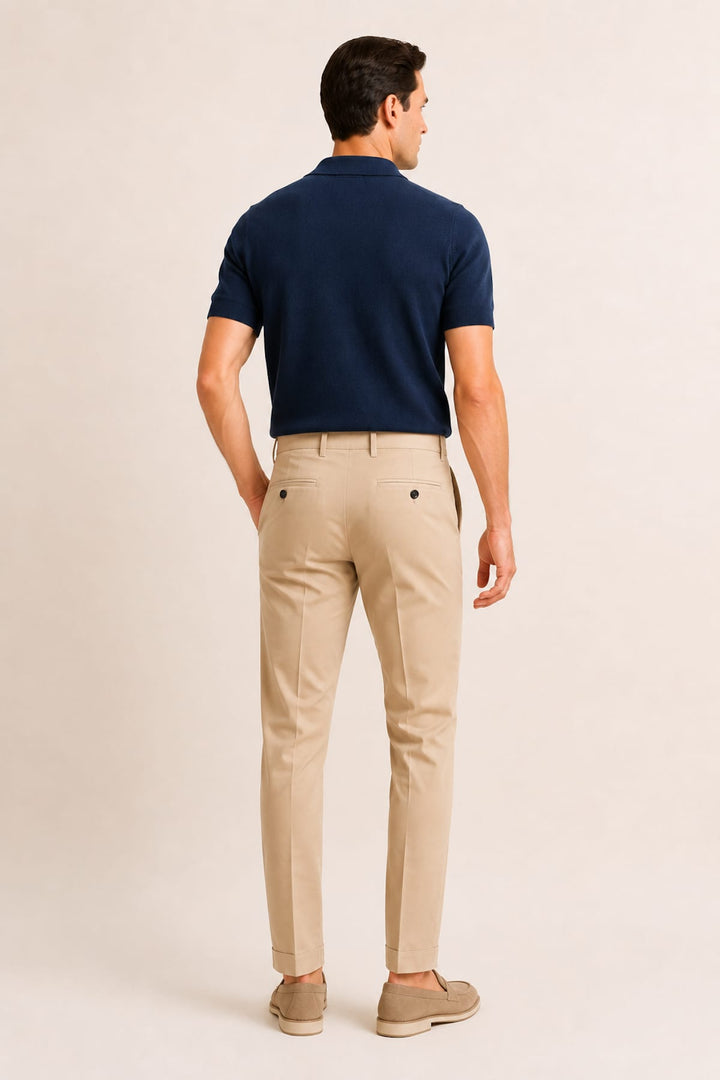 Vue de côté pantalon chino Masons pour homme beige détails coutures apparentes - Valérie Simon