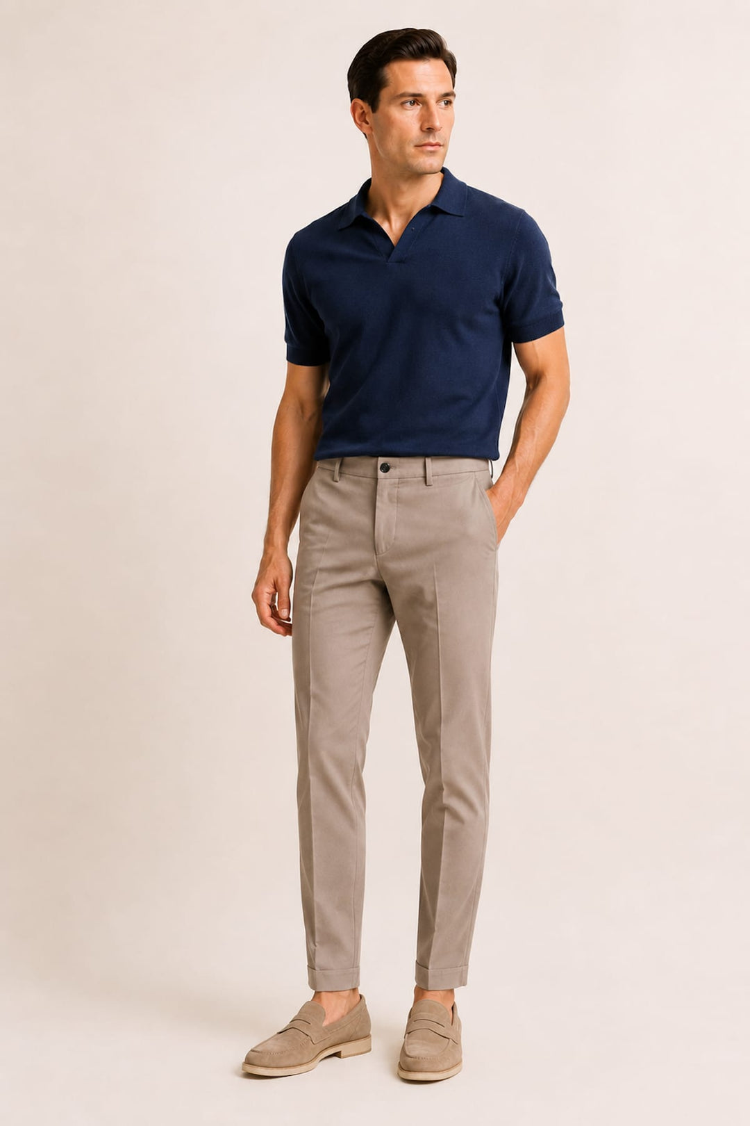 Vue de côté pantalon chino Masons pour homme beige avec poches italiennes - Valérie Simon