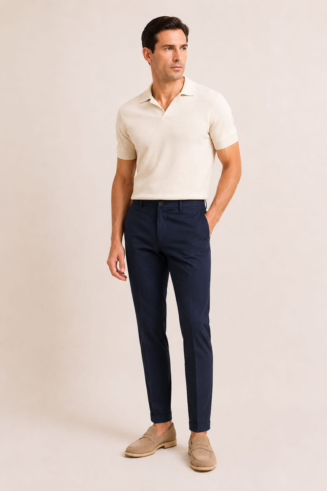 Vue portée pantalon chino extensible Masons pour homme beige avec poches biais - Valérie Simon