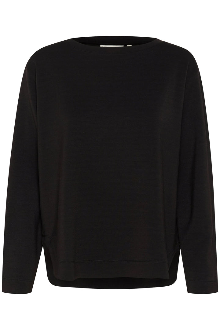 Chandail Gincent noir à manches longues avec encolure bateau, coupe droite et silhouette minimaliste.
