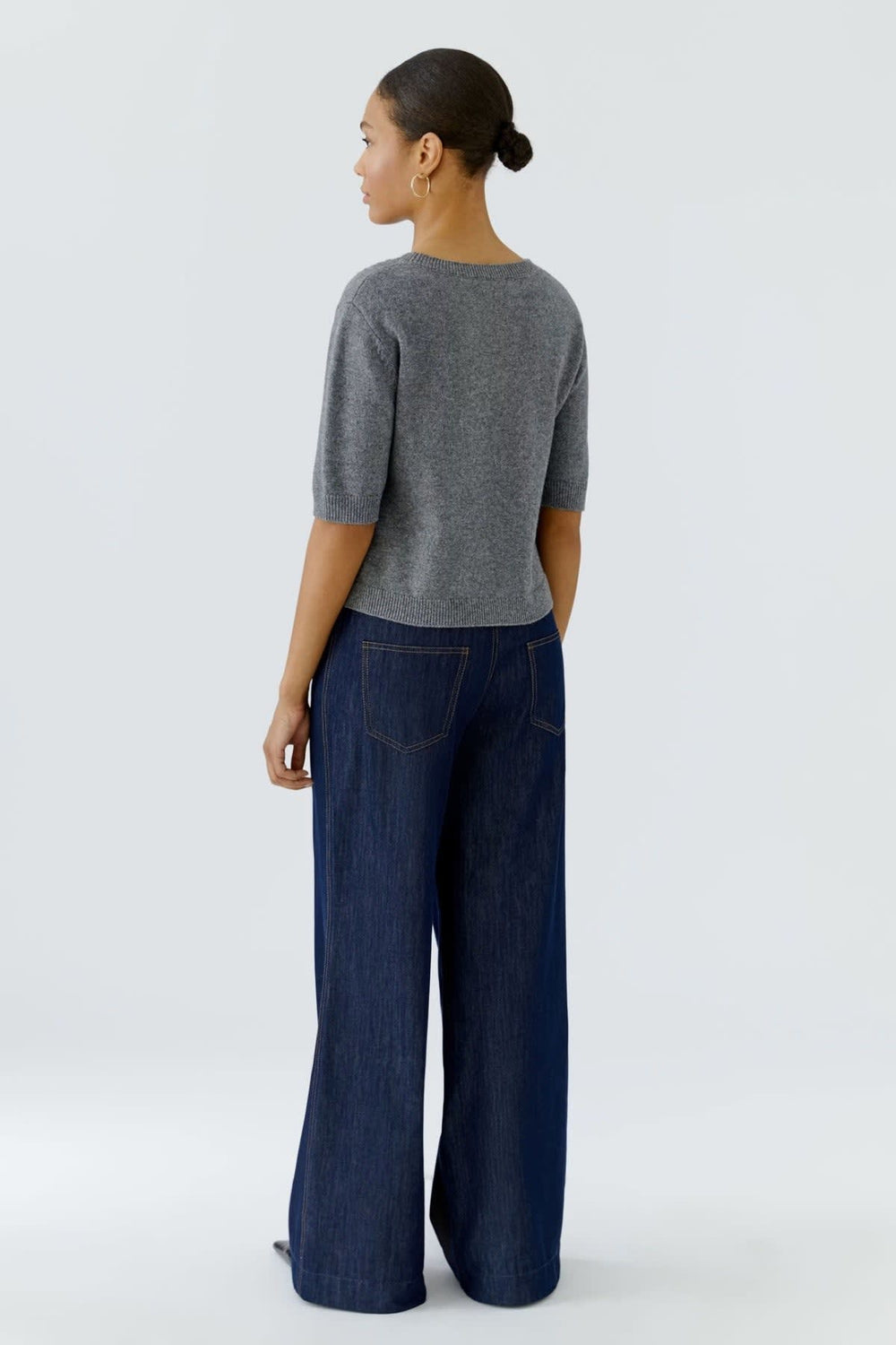 Women's mid-sleeve sweater with denim pockets, front view Oui