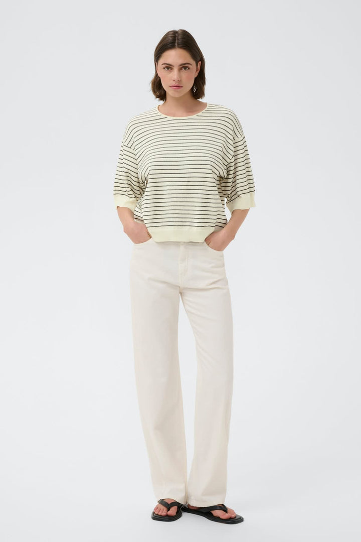 Vue de face pull rayé Inwear femme DANAIW bleu et blanc, col rond - Valérie Simon