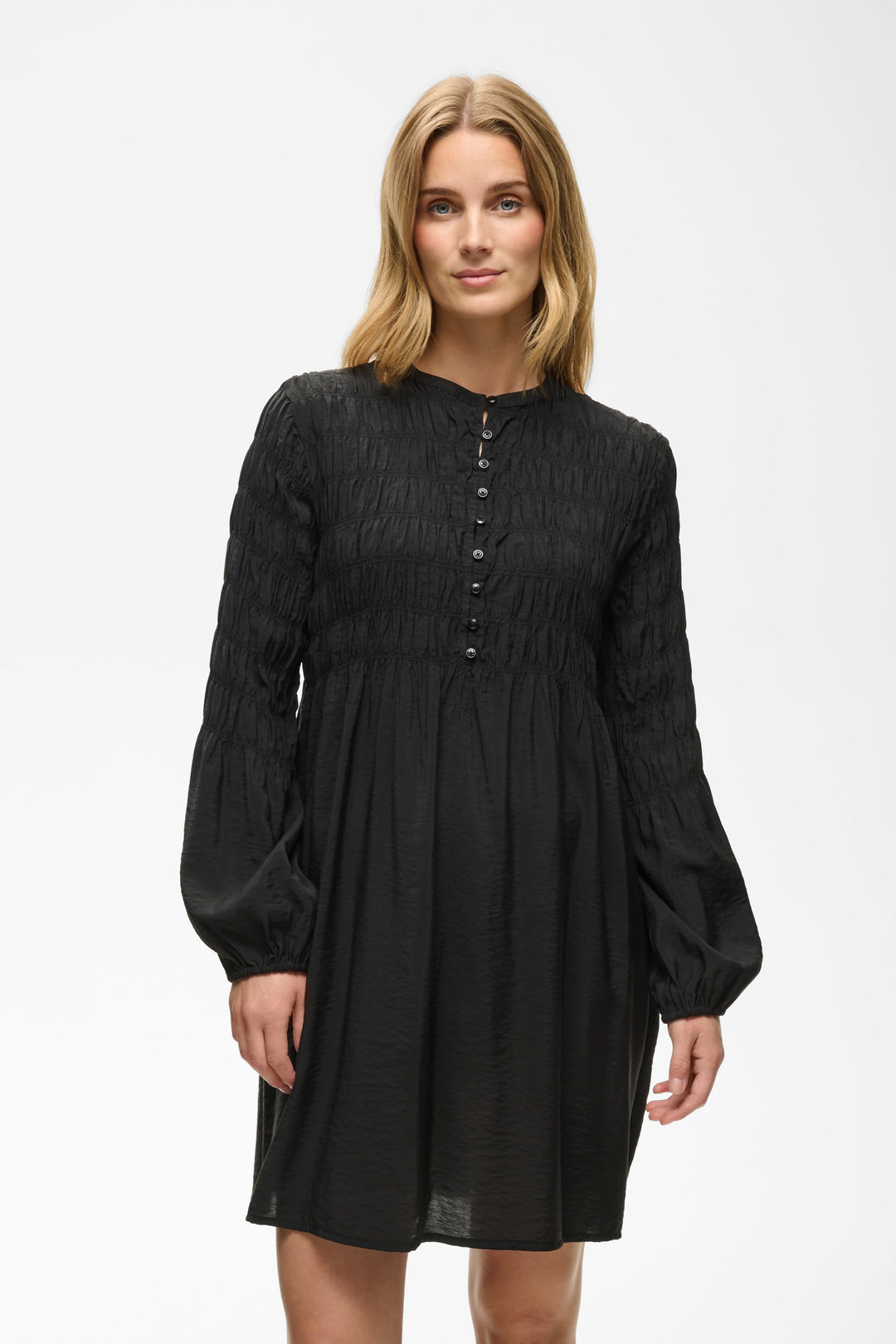 Camia flowing short long-sleeve dress, front view, for women Part Two