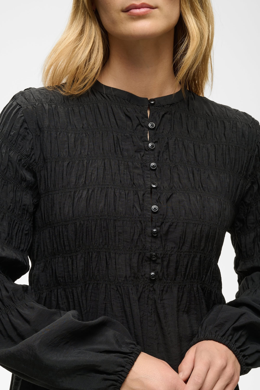 Flowing short long-sleeve dress, front view, for women Part Two