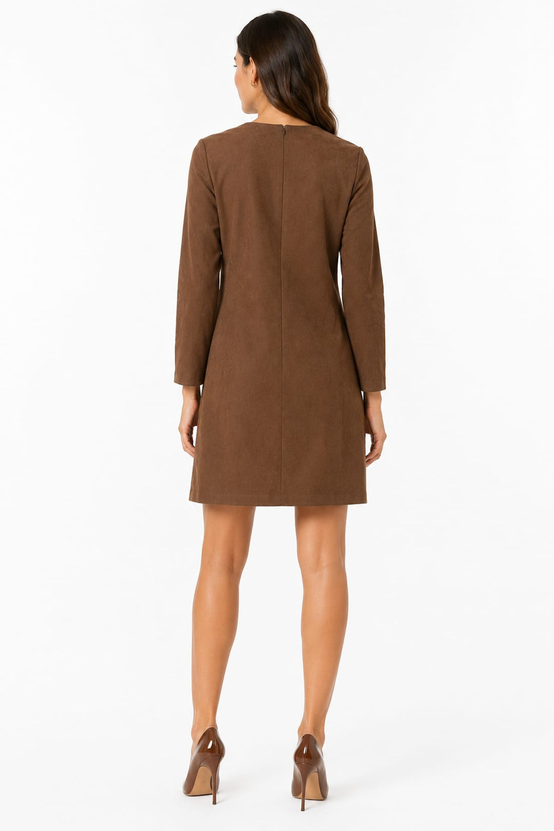 Vue de face robe droite effet suède marron Joseph Ribkoff pour femme - Valérie Simon
