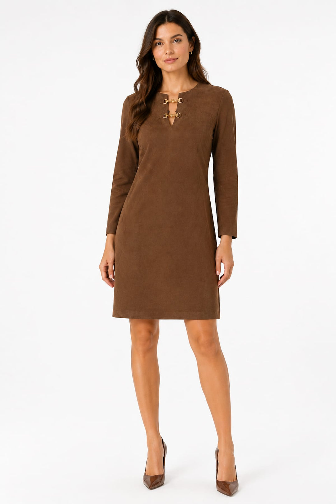 Vue de face robe courte effet suède marron Joseph Ribkoff pour femme - Valérie Simon