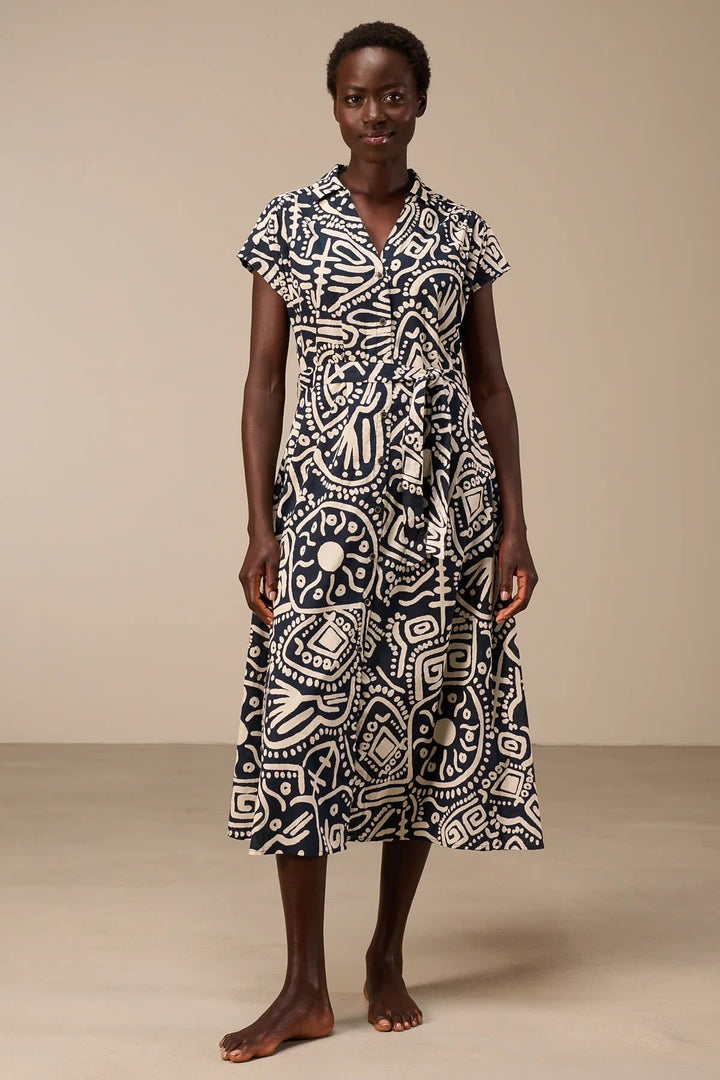 Front view of a long, multicolored floral-print dress for women - Valérie Simon