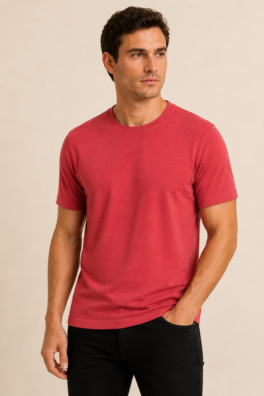Front view of the Desoto men's white textured cotton T-shirt with rolled-up sleeves - Valérie Simon