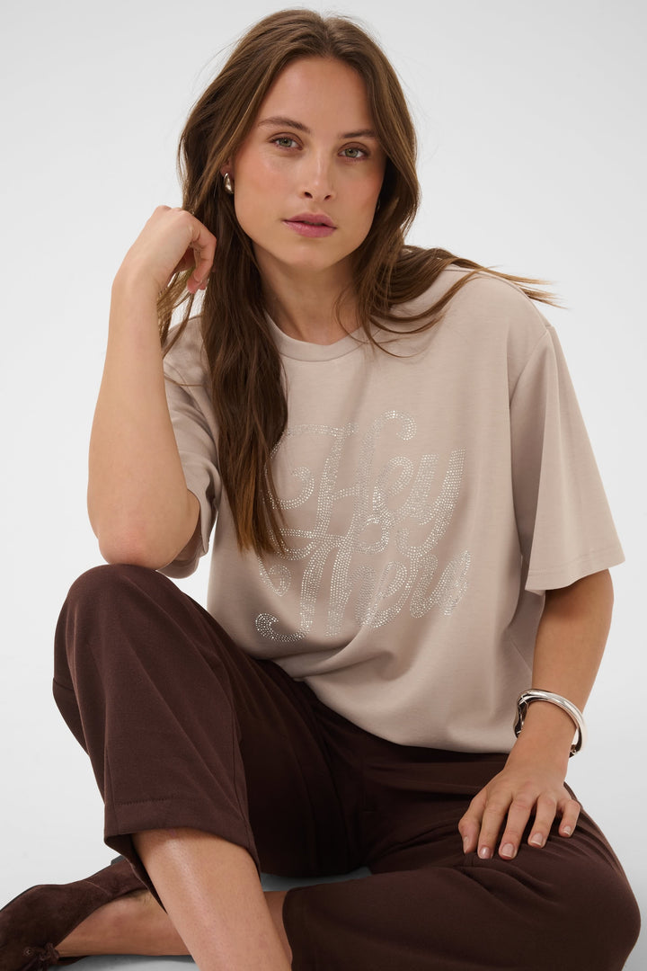 Vue de face T-shirt Harmony à inscription perlée pour femme blanc Kaffe - Valérie Simon
