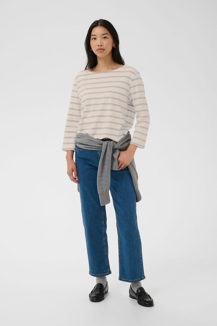 Front view Blue and white striped Nela sailor T-shirt for women - Valérie Simon