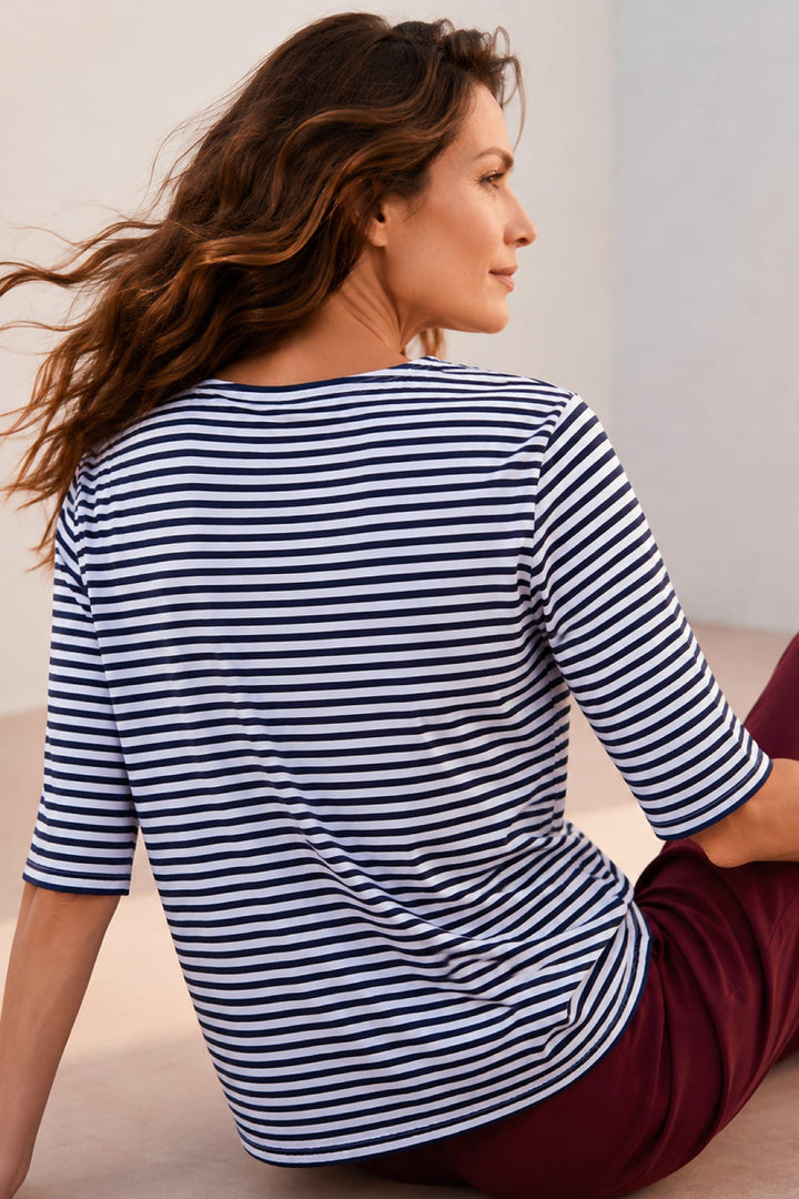 Front view of a striped V-neck T-shirt for women by Kennys