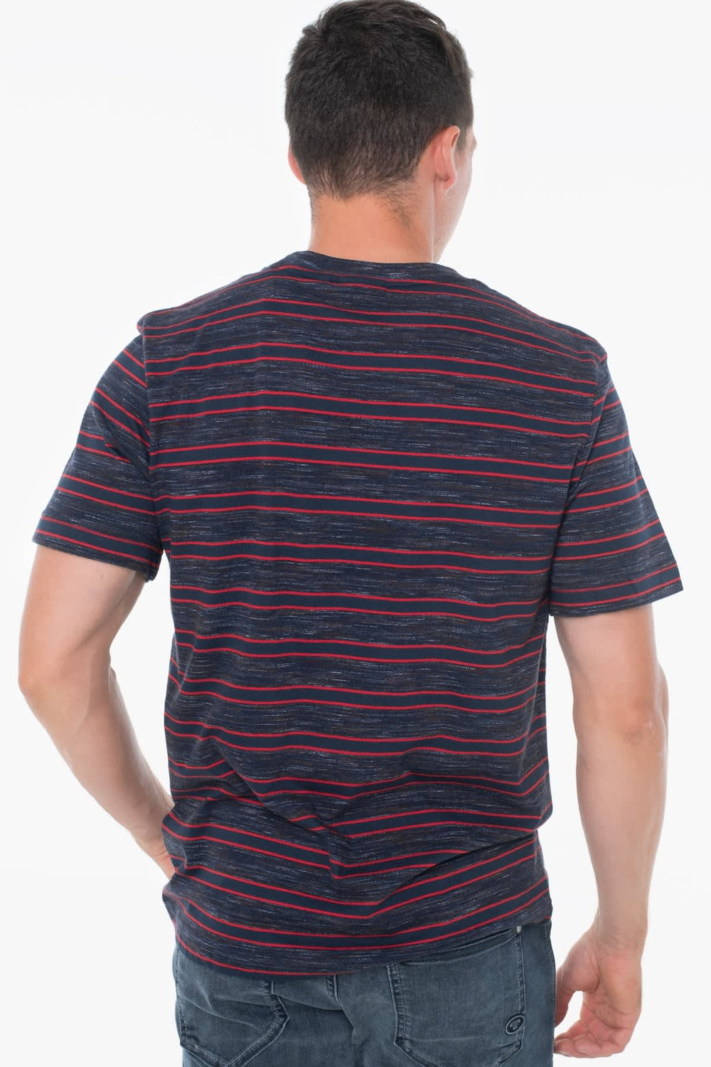 Front view of a white and blue striped Tom Tailor men's T-shirt, featuring short sleeves - Valérie Simon