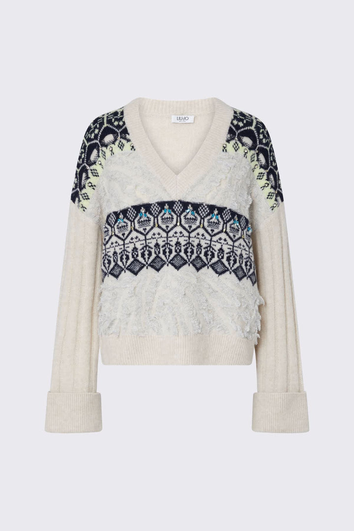 Tricot jacquard à col en V pour femme liujo