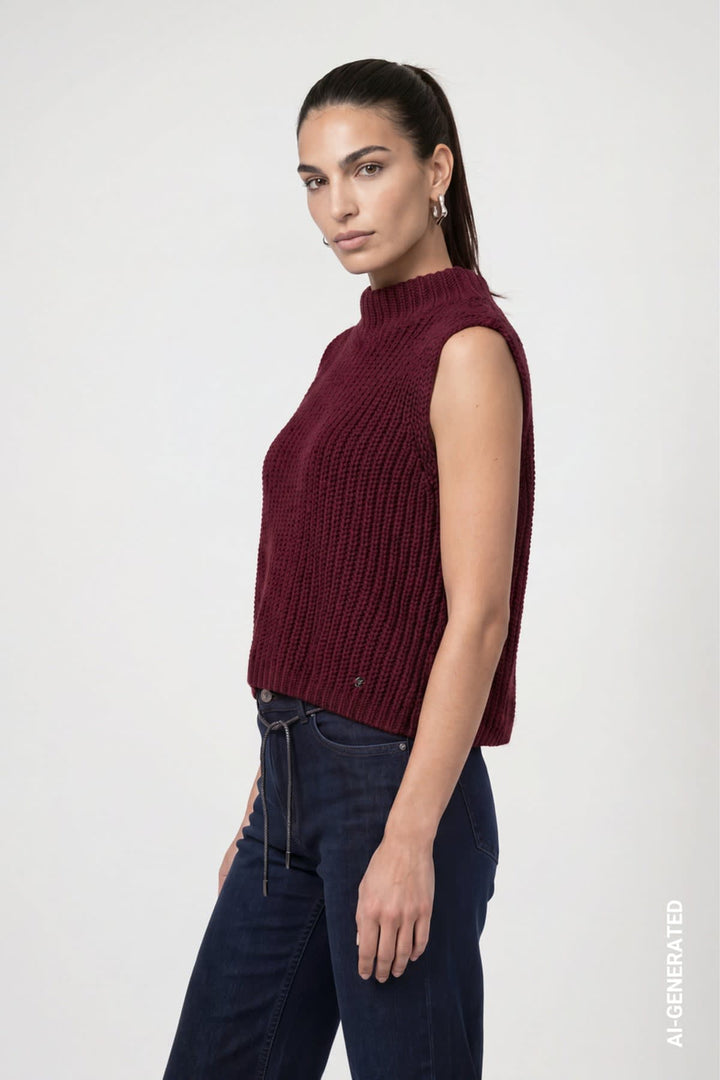Tricot sans manches col montant vue de face pour femme Monari