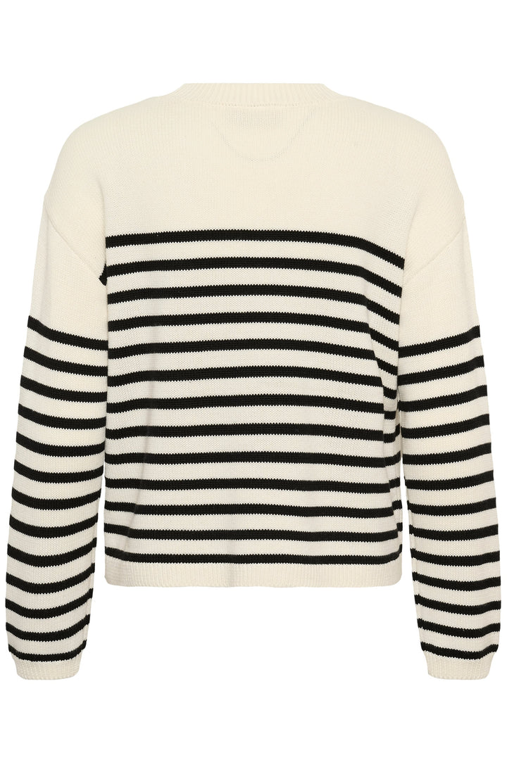 Vue de devant tricot rayé inscription Kaffe pour femme blanc et noir - Valérie Simon