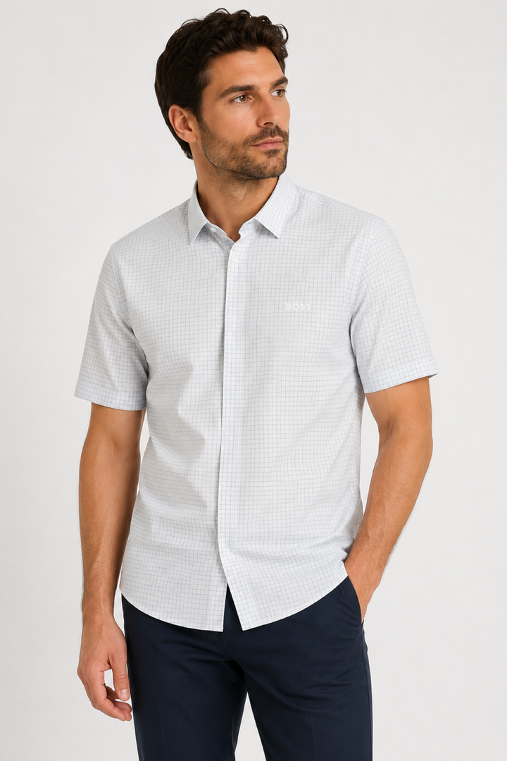 Short-sleeved micro-checkered casual shirt