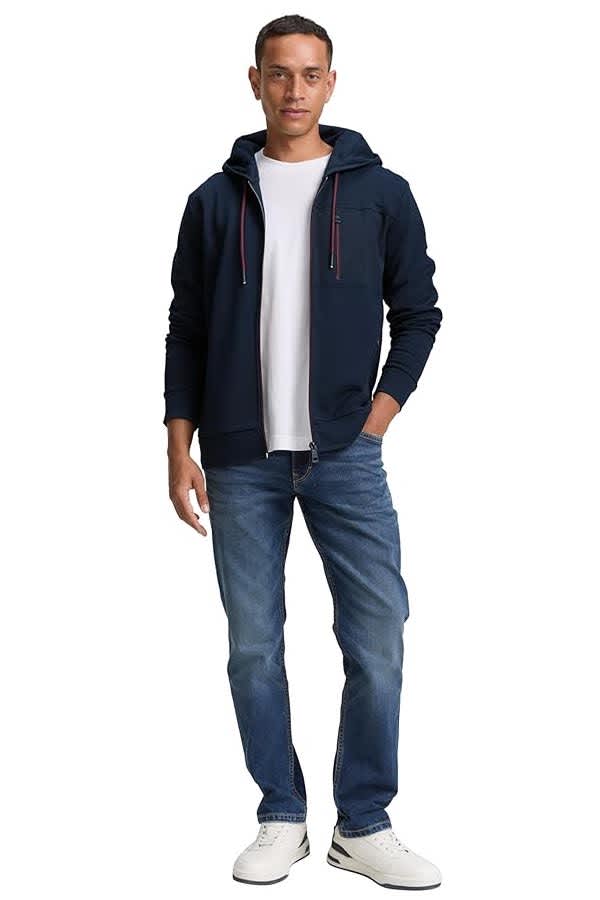 Front view of a black Tom Tailor hooded jacket for men with a zipper and pockets - Valérie Simon