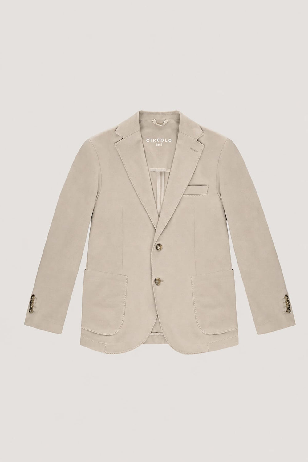 Front view of a light gray men's Circolo jacket with notched lapels and patch pockets - Valérie Simon