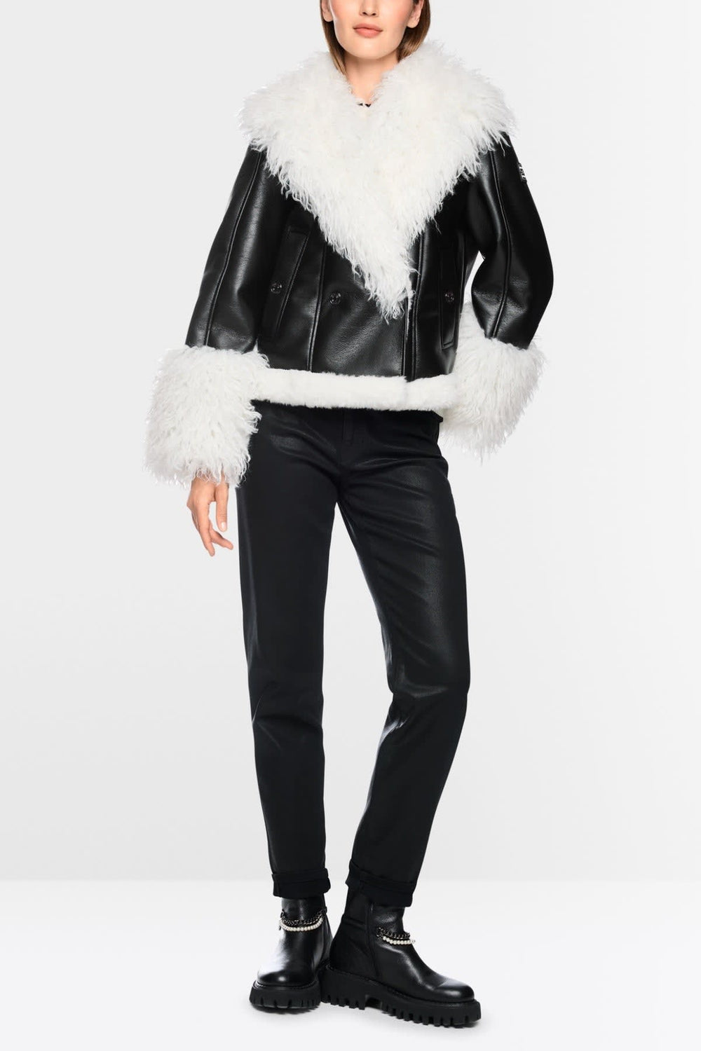 Women's short faux leather and faux fur jacket, front view Marc Cain