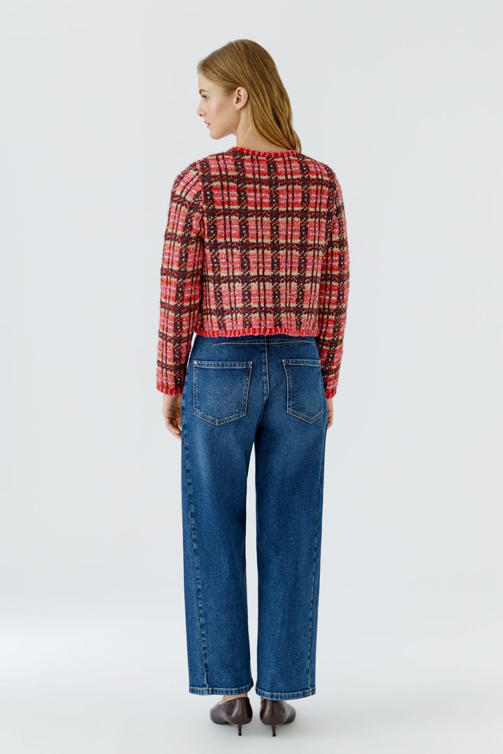 Front view of a short checked knit jacket for women by Oui