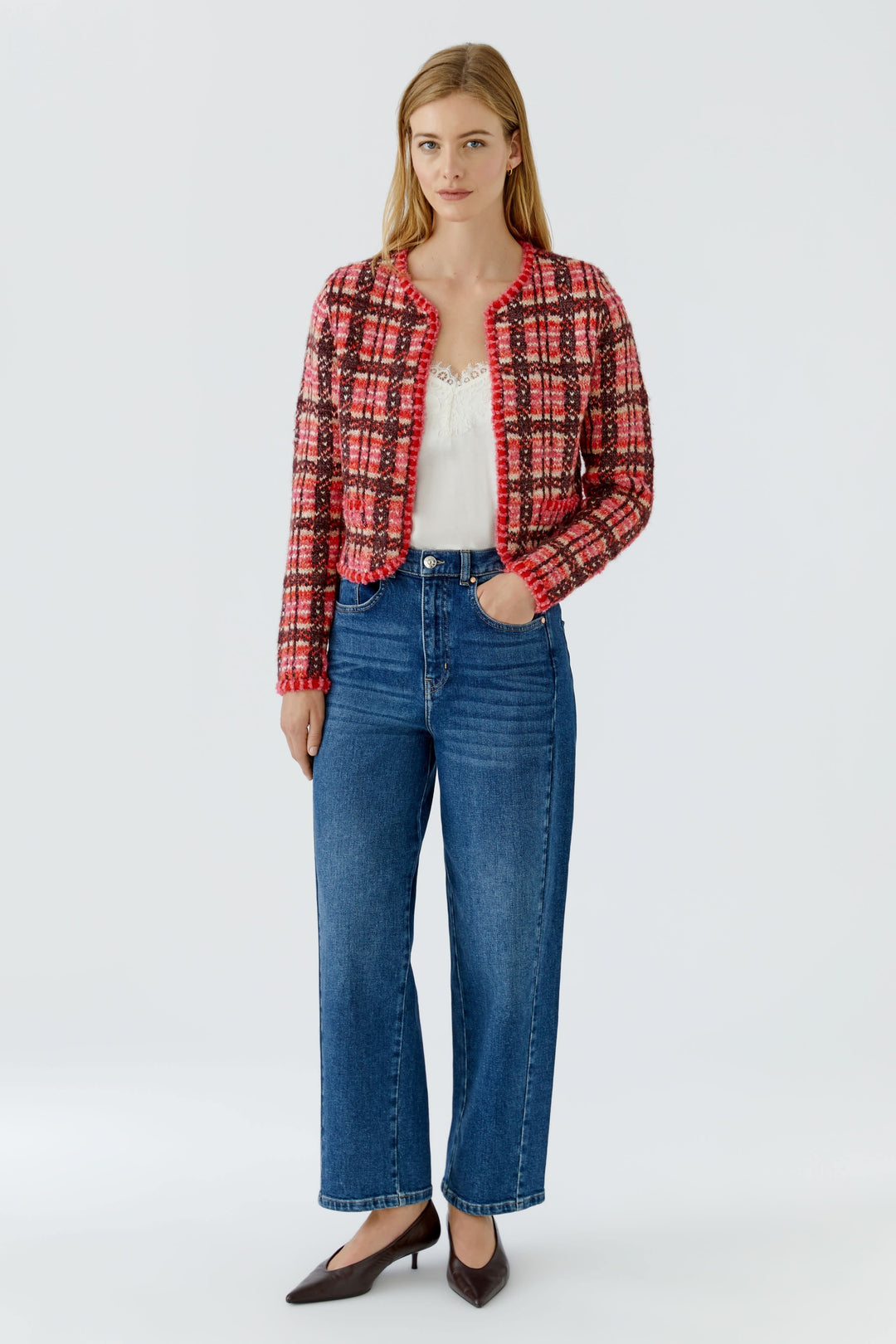 Front view of a short checked knit jacket for women by Oui