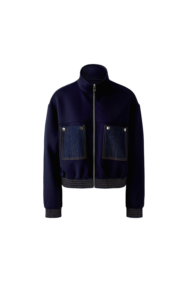 Women’s short zip-up jacket with denim detailing, front view Oui