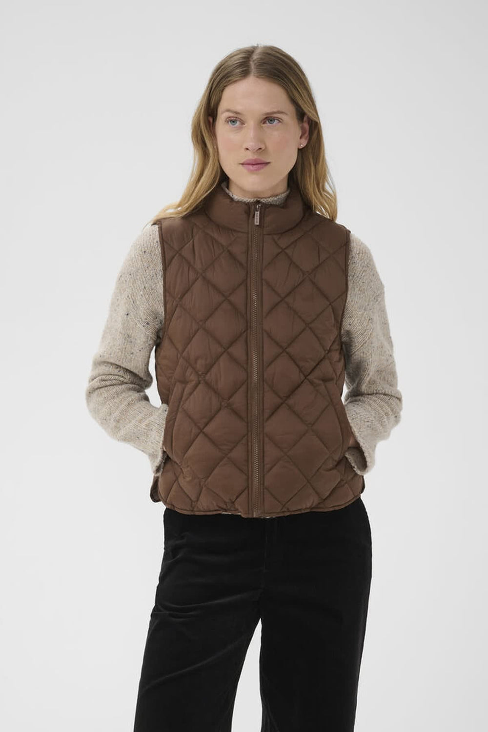 Back view of the Carlota quilted jacket for women Part Two in beige with stand collar - Valérie Simon