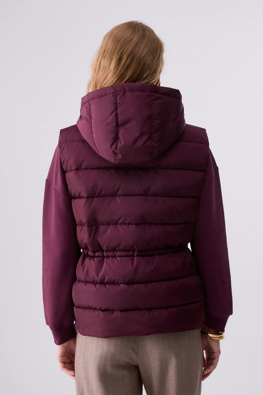 Women's hooded quilted sleeveless jacket, front view, liujo