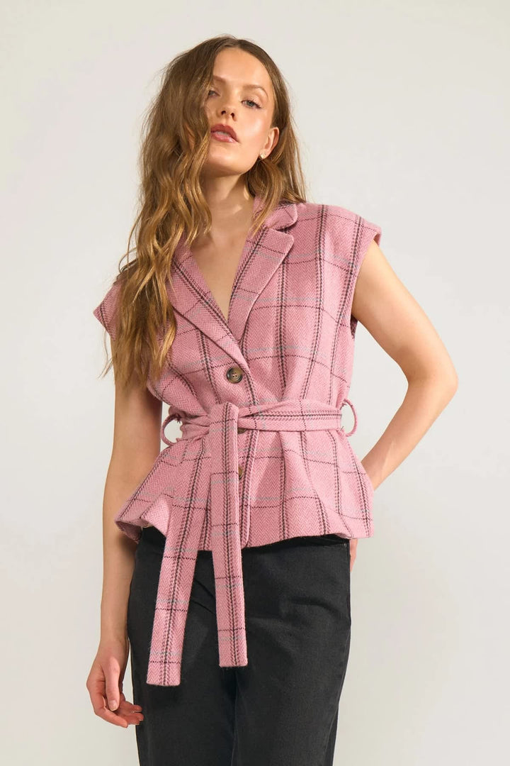 Veste sans manches à carreaux avec ceinture vue de face pour femme Numph