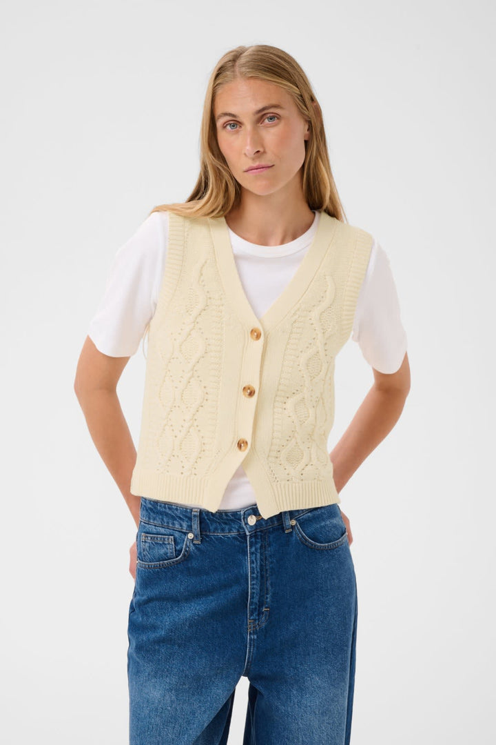Front view twisted sleeveless vest Part Two light beige, round collar, open buttonhole - Valérie Simon
