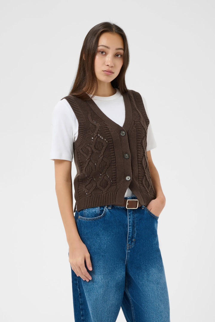 Front view sleeveless jacket Part Two in beige cable knit for women - Valérie Simon