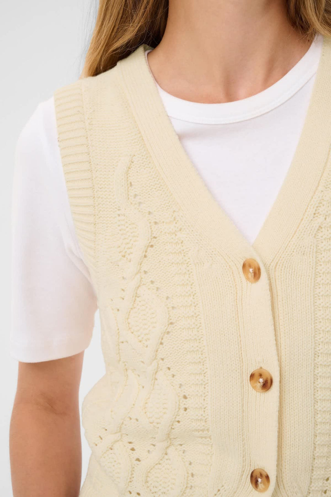 Front view sleeveless jacket Part Two beige woman in cable knit - Valérie Simon