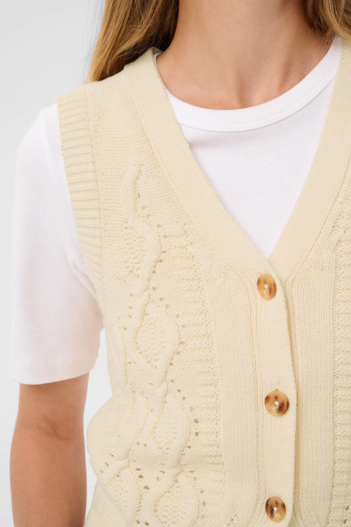 Front view sleeveless jacket Part Two beige woman in cable knit - Valérie Simon
