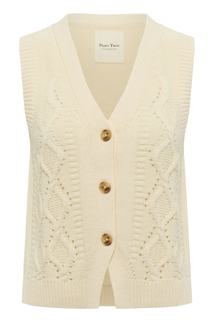 Front view sleeveless jacket Part Two in cream cable knit with round neck - Valérie Simon